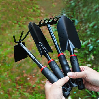 Μαύρη λαστιχένια λαβή Five Tooth Rake Gardening Four Piece Set Flower Shovel Dual-Purpose Hoe Gardening