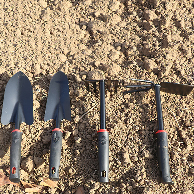 Crna gumena ručka Grablje s pet zuba Vrtlarski set od četiri dijela Lopata za cvijeće Dvonamjenska motika Vrtlarski alat
