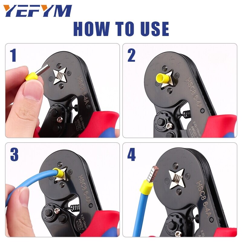 Otsavarrukate ümbriste pressimistööriistad HSC8 6-4A isereguleeruv AWG23-7/0,25-10 mm2 ruudukujuline põrkega traadi pressimistang