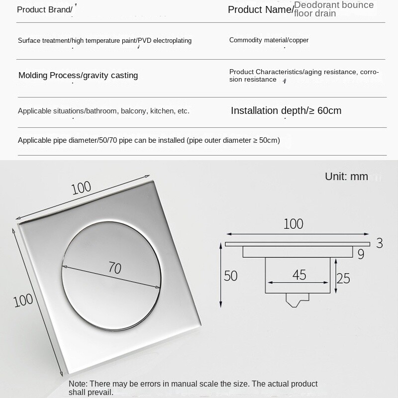Mjedeni kromirani popup odvod za noge u podu 10*10 cm odvod za kadu protiv neugodnih mirisa potisni prema dolje Dezodorirajući kvadratni mat poklopac za tuš kabinu