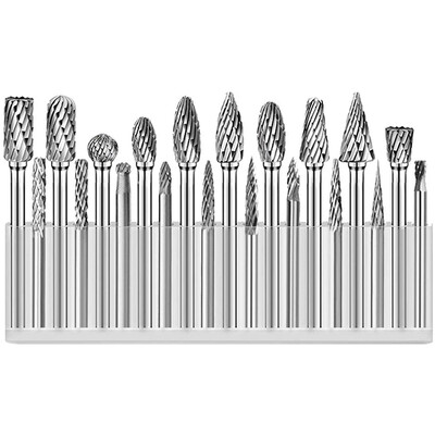 Volframo karbido rotacinių šerdelių rinkinys 1/10/20 vnt, su 3 mm koteliu 6 mm antgaliu, skirtas medžio ir akmens drožybai