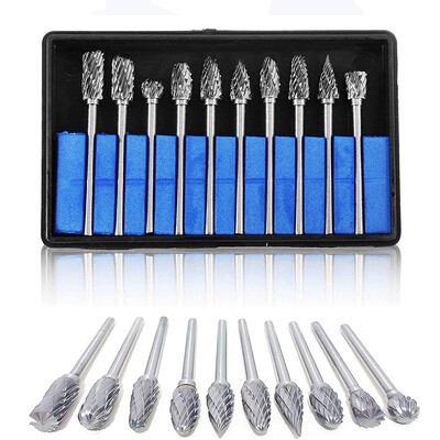 Volframo karbido rotacinių šerdelių rinkinys 1/10/20 vnt, su 3 mm koteliu 6 mm antgaliu, skirtas medžio ir akmens drožybai