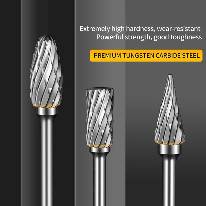 Volframo karbido rotacinių šerdelių rinkinys 1/10/20 vnt, su 3 mm koteliu 6 mm antgaliu, skirtas medžio ir akmens drožybai