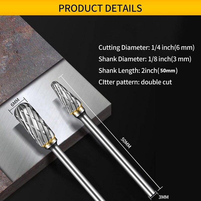 Volframo karbido rotacinių šerdelių rinkinys 1/10/20 vnt, su 3 mm koteliu 6 mm antgaliu, skirtas medžio ir akmens drožybai