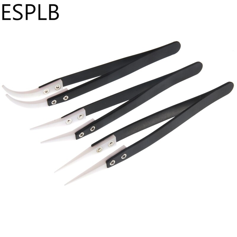 ESPLB antistatinis keraminis pincetas nerūdijančio plieno pramoninis keraminis pincetas Izoliuotas tiesus/lenktas antgalis juodai balti pincetai