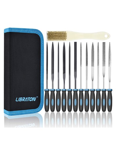 Libraton mažų dildelių rinkinys, adatinės deimantinės dildės, 13 vnt., 6 vnt. Jewlers dildės ir 6 plieninės dildės, skirtos tiksliam metalinių dildžių apdorojimui, medinėms dildėms