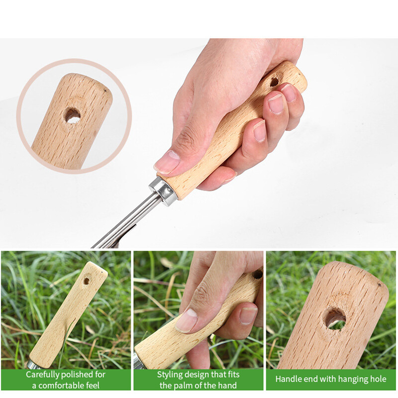 Medinė rankena nerūdijantis plienas sodo ravėjimo mašina rankinė ravėjimo šalinimo pjovimo mašina traukimo įrankiai Daugiafunkcis ravėjimo įrankis persodinimas