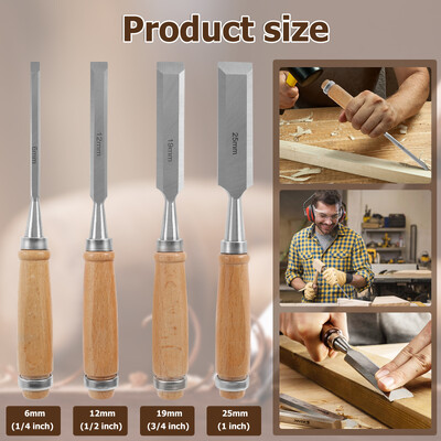 4 vnt medžio kaltų rinkinys Medžio drožybos kaltai su buko rankenomis Nešiojami medžio drožybos įrankiai Medinių kaltų rinkinys dailidės darbams