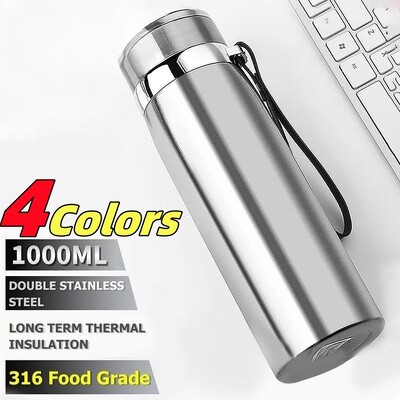 Sticlă de apă termală de 1000 ml Thermos Balon de vid dublu din oțel inoxidabil, ceai, cafea, ceai, izolat, rezistent la scurgeri pentru birou