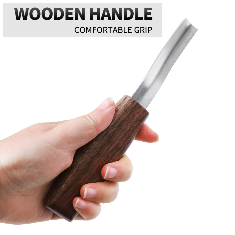 Medžio drožybos kaltas CR-V 15 mm lenktas nuožulnus kraštas, išlenktas įpjovos peilis, šaukštas, drožimo įrankiai su medine rankena kietai ir minkštai medienai