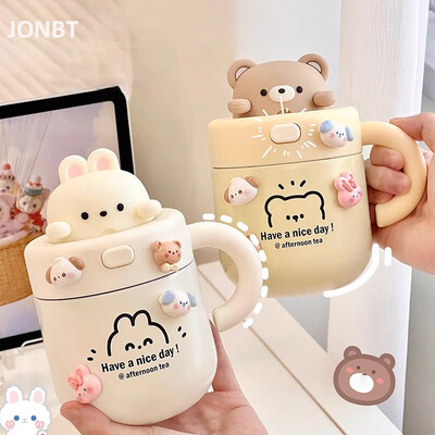 Pahar termoizolant pentru cafea Bear Kawaii, pentru băuturi calde și reci, ceai, ceai, cană termo, ceașcă din oțel inoxidabil cu capac de paie