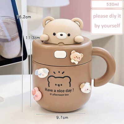 Pahar termoizolant pentru cafea Bear Kawaii, pentru băuturi calde și reci, ceai, ceai, cană termo, ceașcă din oțel inoxidabil cu capac de paie