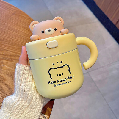 Pahar termoizolant pentru cafea Bear Kawaii, pentru băuturi calde și reci, ceai, ceai, cană termo, ceașcă din oțel inoxidabil cu capac de paie