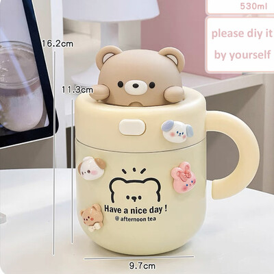 Pahar termoizolant pentru cafea Bear Kawaii, pentru băuturi calde și reci, ceai, ceai, cană termo, ceașcă din oțel inoxidabil cu capac de paie