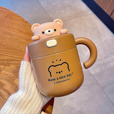 Pahar termoizolant pentru cafea Bear Kawaii, pentru băuturi calde și reci, ceai, ceai, cană termo, ceașcă din oțel inoxidabil cu capac de paie
