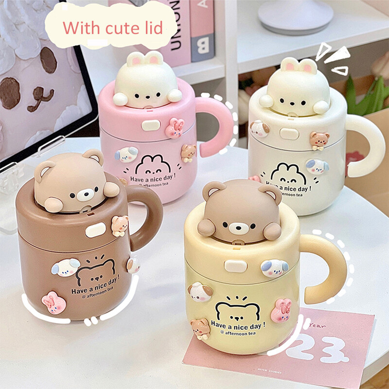 Pahar termoizolant pentru cafea Bear Kawaii, pentru băuturi calde și reci, ceai, ceai, cană termo, ceașcă din oțel inoxidabil cu capac de paie