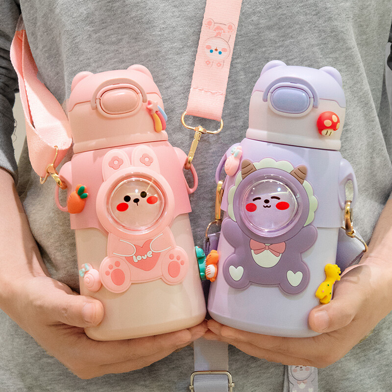 GIANXI Termo cană pentru copii, din oțel inoxidabil, balon de vid, rezistent la scurgeri, cu paie, sticla de apă termală de desene animate, veselă pentru băuturi