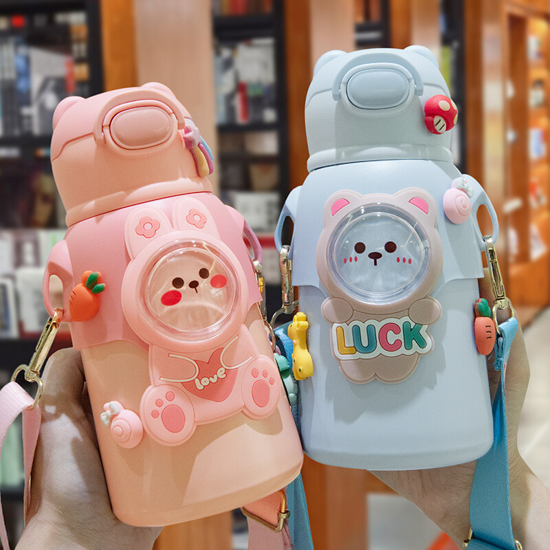 GIANXI Termo cană pentru copii, din oțel inoxidabil, balon de vid, rezistent la scurgeri, cu paie, sticla de apă termală de desene animate, veselă pentru băuturi