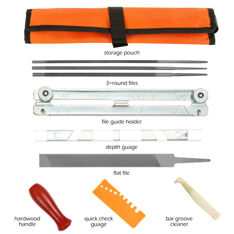 Set de 10 bucăți Kit profesional de ascuțire a lanțului de ferăstrău cu lanț, instrument de ascuțire, mâner din lemn de esență tare, bară de ghidare rotundă/plată, instrument de ascuțire a fișierelor