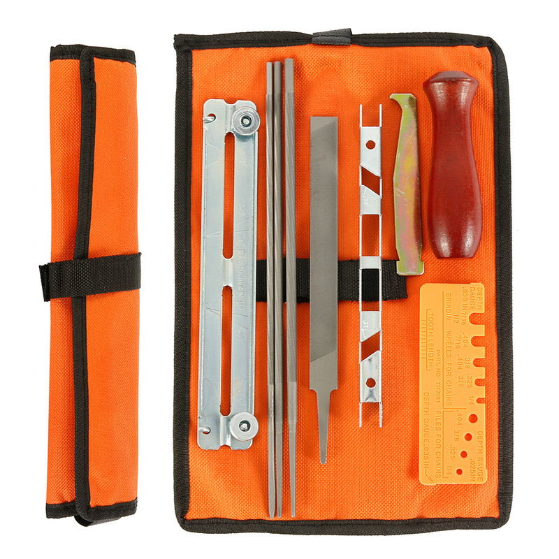 Set de 10 bucăți Kit profesional de ascuțire a lanțului de ferăstrău cu lanț, instrument de ascuțire, mâner din lemn de esență tare, bară de ghidare rotundă/plată, instrument de ascuțire a fișierelor