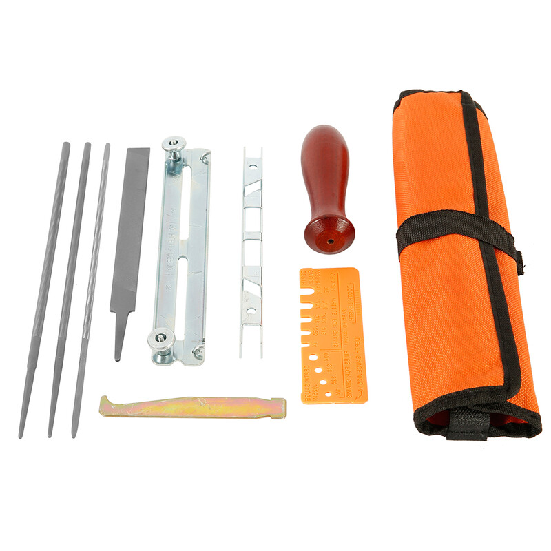 Set de 10 bucăți Kit profesional de ascuțire a lanțului de ferăstrău cu lanț, instrument de ascuțire, mâner din lemn de esență tare, bară de ghidare rotundă/plată, instrument de ascuțire a fișierelor