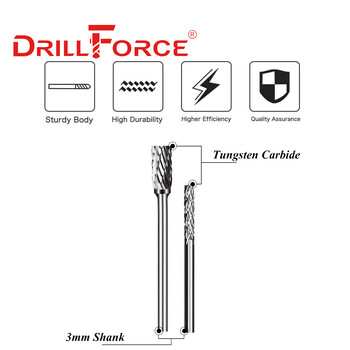 Drillforce 3x3mm 3x6mm Καρβίδιο βολφραμίου Φρέζα Φρέζα Περιστροφική λίμα Χαρακτική CNC Λειαντικά εργαλεία στίλβωσης σχεδίασης μετάλλων