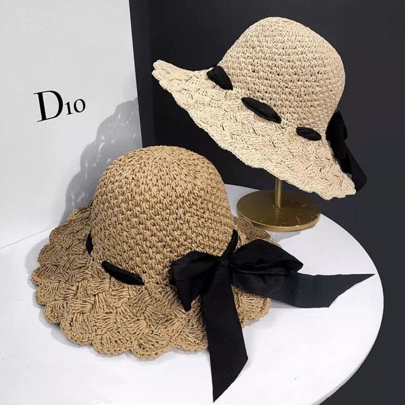 Ljetni slamnati šešir za žene s vrpcom Ručno pleteni šešir Vrhunski šešir širokog oboda za sunčanje na otvorenom Šešir protiv UV zraka Šešir za plažu