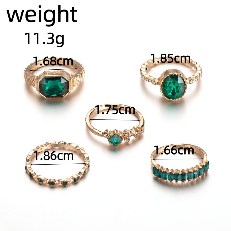 Tarpvalstybiniai karšti europietiški ir amerikietiški žiedai modernus auksinis aštuonkampis ovalus geometrinis žalias deimantinis 5 dalių žiedų rinkinys 