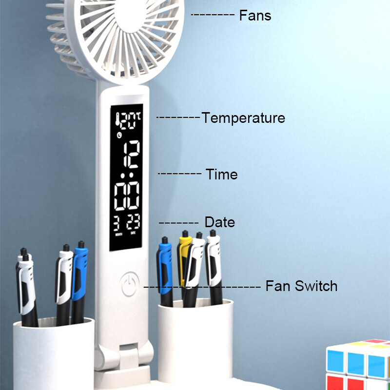 Multifunktsionaalne 3-värviline LED-laualamp nelja otsaga kokkuklapitav ventilaatoriga kella laualamp USB-laadimise lugemiseks öövalgusti