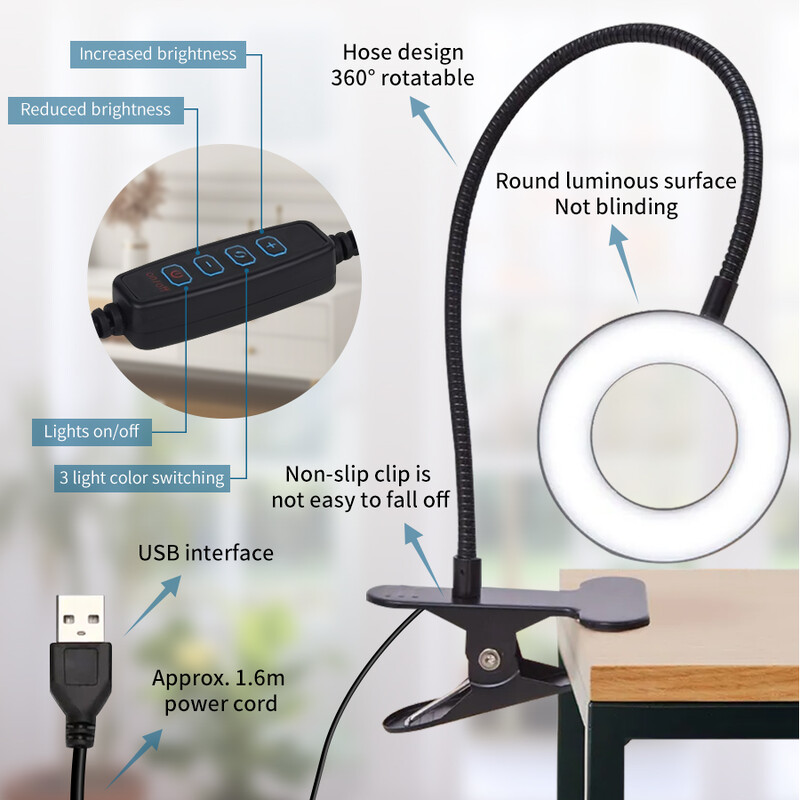 USB-taaslaetav LED lauaklamber Paindlik silmade kaitse lugemislamp 3 taseme heledus reguleeritav magamistoa kaunistamiseks