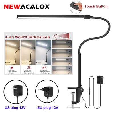 NEWACALOX EU/US 12V 12W Touch Control asztali lámpa szorítóval 360°-ban állítható hattyúnyak 3 színű asztali lámpa otthoni irodai tanulmányokhoz