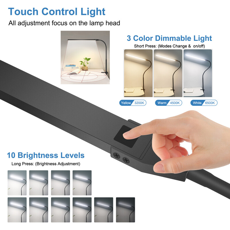 NEWACALOX EU/USA 12V 12W puutetundlik laualamp klambriga 360° reguleeritava hanekelaga 3 värvi lauavalgusti kodukontori õppetööks