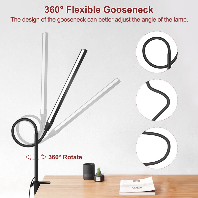 NEWACALOX EU/USA 12V 12W puutetundlik laualamp klambriga 360° reguleeritava hanekelaga 3 värvi lauavalgusti kodukontori õppetööks