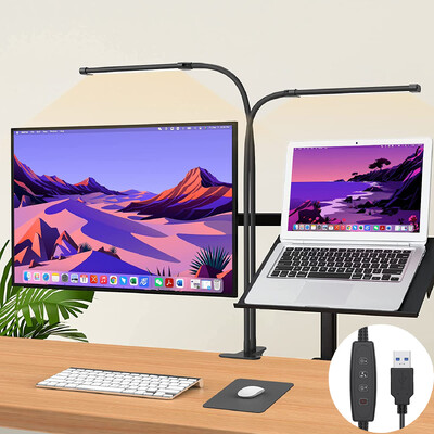 Lampă de birou LED cu două capete de 10 W cu clemă Lumină de lectură reglabilă 3 temperaturi de culoare 10 niveluri de luminozitate Lampă de masă cu clips USB