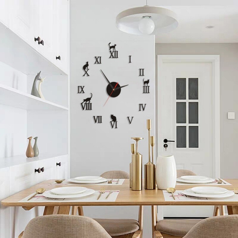 Uradi sam zidni sat Moderan kućni dekor Dizajn velike mačke Ogledalo s rimskim brojevima Moderni kvarcni satovi Satovi za dnevni boravak Naljepnice
