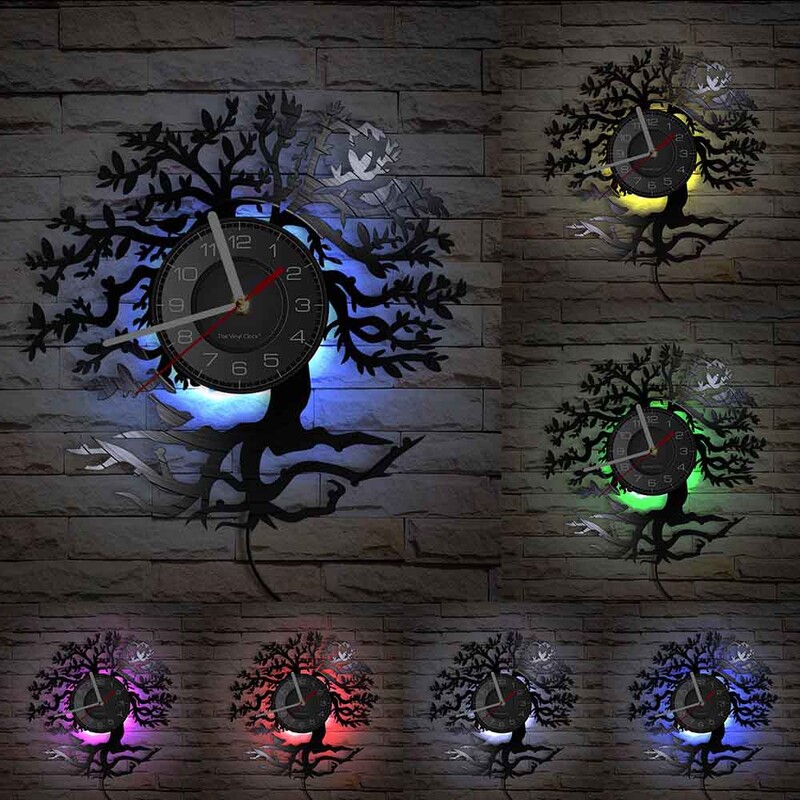 Elupuu laseriga söövitatud vinüülist seinakell puu kujuga ülestõstetud LED-taustavalgustus kaasaegne seinakell Vaikne elutoa rippuv sisekujundus