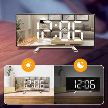 Творчески извит електронен часовник, LED голям екран Plug-in батерия, двуфункционално огледало, будилник, специално за студентска спалня
