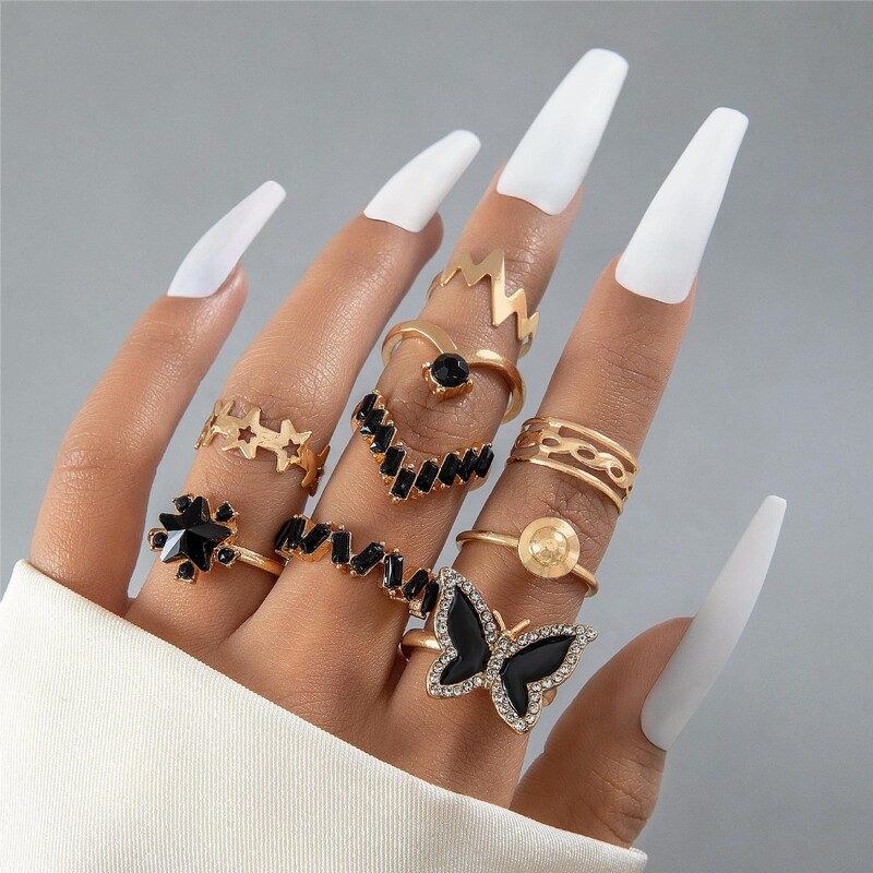  Set de inele din nouă bucăți cu diamant cu fluture transfrontalier, stea geometrică, cu diamante, cu piatră prețioasă de imitație