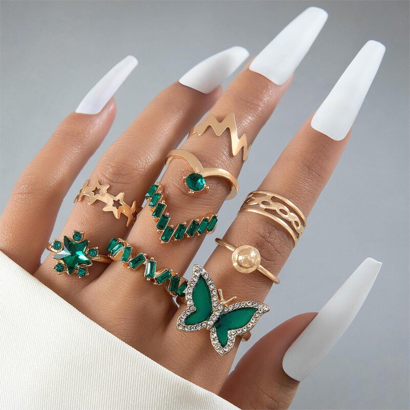  Set de inele din nouă bucăți cu diamant cu fluture transfrontalier, stea geometrică, cu diamante, cu piatră prețioasă de imitație