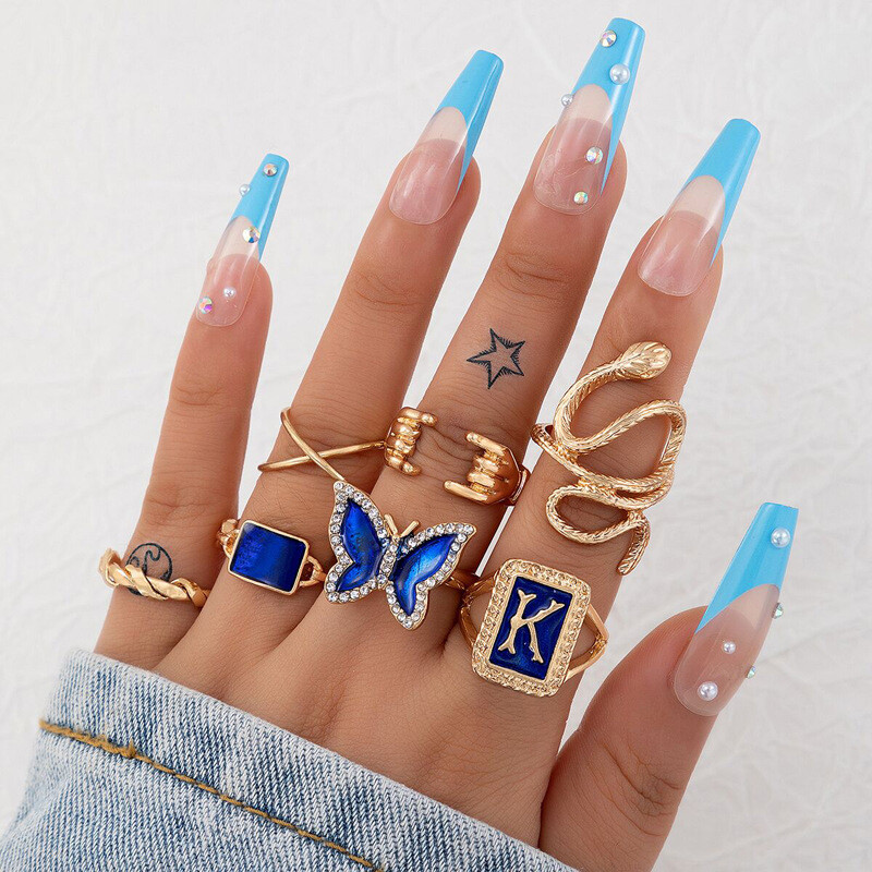  Set de inele din nouă bucăți cu diamant cu fluture transfrontalier, stea geometrică, cu diamante, cu piatră prețioasă de imitație