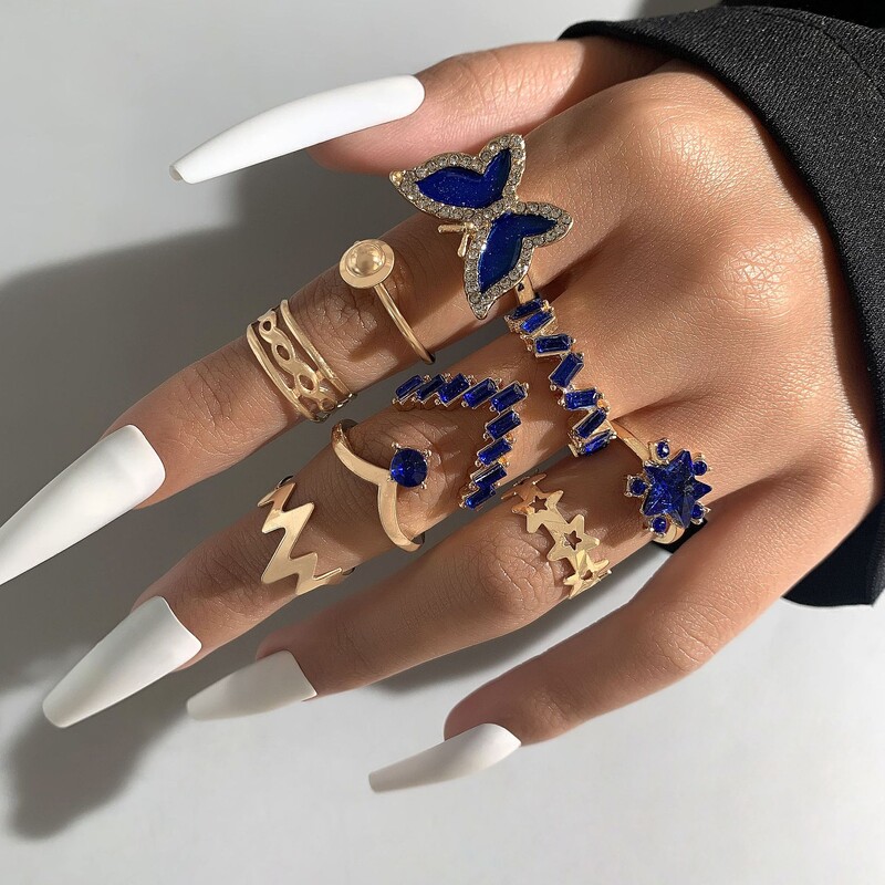  Set de inele din nouă bucăți cu diamant cu fluture transfrontalier, stea geometrică, cu diamante, cu piatră prețioasă de imitație