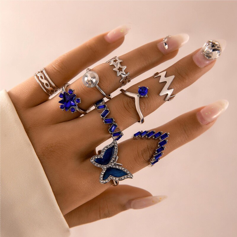  Set de inele din nouă bucăți cu diamant cu fluture transfrontalier, stea geometrică, cu diamante, cu piatră prețioasă de imitație