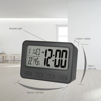 Електронен детски нощен будилник, цифров LCD настолен часовник с вътрешен термометър и хигрометър, календар и дрямка
