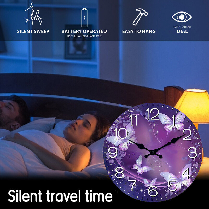 1 tk Silent Purple Butterfly seinakell kodu ja kontori sisekujunduseks – sobib ideaalselt elutuppa, magamistuppa, kööki – lihavõtted, uusaasta