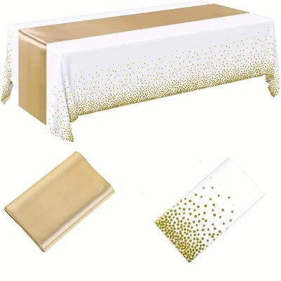 Lauakaunistuste komplekt Ühekordselt kasutatavad plastikust laudlinad ja satiinist lauajooksjad valge ja roosikuldse punktiga lauakate, Rose Golden Sa