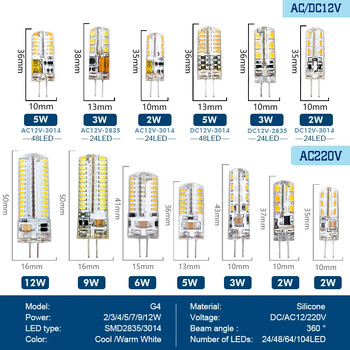 10 τμχ/παρτίδα G4 Λάμπα LED 2W 3W 4W 5W 7W 9W AC DC 12V 220V Λαμπτήρας καλαμποκιού SMD2835 3014 360 Γωνία Δέσμης Αντικατάσταση Φωτιστικών Πολυελαίου Αλογόνου