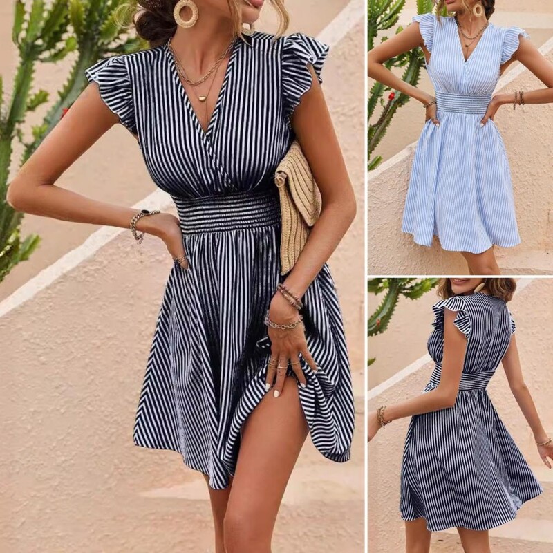 Suknelė su dryžuotu raštu Elegantiška mini suknelė su dryžuotu raštu V kaklu su raukšlėmis moterims Vasarinė A formos suknelė su skrydžiu pasimatymams