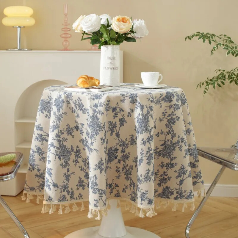 Față de masă din bumbac din in, cu flori, cu ciucuri, retro nappe de table Husă de masă rotundă pentru masă Față de masă pentru ceai Tafelkleed