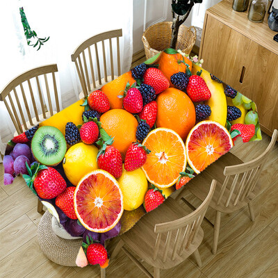 3D staltiesė Raudona vyšnių geltona mango vaisių raštas, dulkėms atsparus stalo dekoravimas staltiesė, apsauganti nuo apnašų stačiakampio formos staltiesės