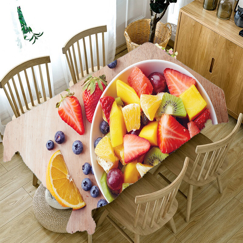 3D staltiesė Raudona vyšnių geltona mango vaisių raštas, dulkėms atsparus stalo dekoravimas staltiesė, apsauganti nuo apnašų stačiakampio formos staltiesės